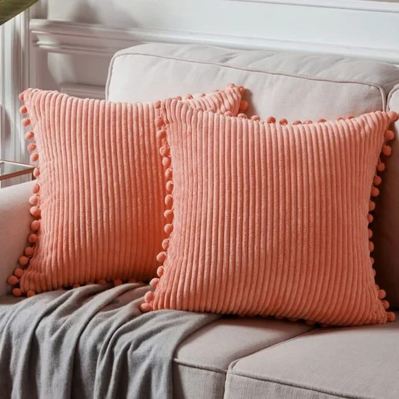 Coral Pink Corduroy Luxury Velvet Pompom Bed/Sofa Throw Pillow Cover/Case Set - Picture 1 of 8